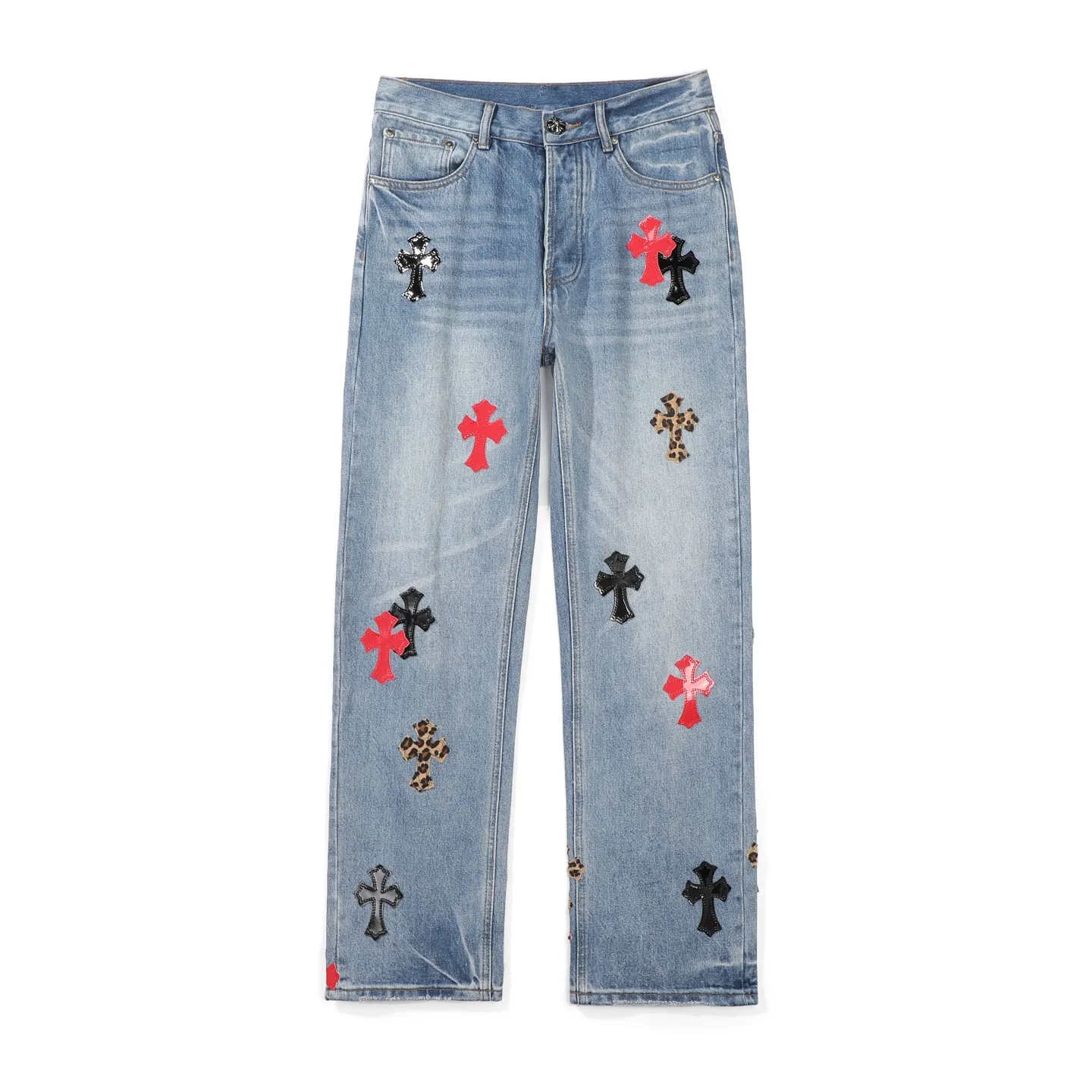 P280 Chrome Hearts blue denim with red black panther pattern multi-leather jeans. CH jeans need to be washed and then disassembled and hand-stitched with sheepskin cross leather and then spliced ​​to complete. The whole piece has too many craftsmanship to explain. The patchwork cross pattern is embellished, and the high-waisted washed jeans! ! Absolutely high-end luxury products, god-level single products and super popular products, made with top heavy industry, a must-see magic weapon. Customized hardware. The fabric is thick and soft after washing. It has good breathability. Customized small leather label. Unique design. The details are simple and elegant, and the workmanship is exquisite. The entire trousers are neatly routed and the details are in place! It’s so cool that both men and women can easily control the genderless trend! Color: Blue Size: 28 30 32 34 36